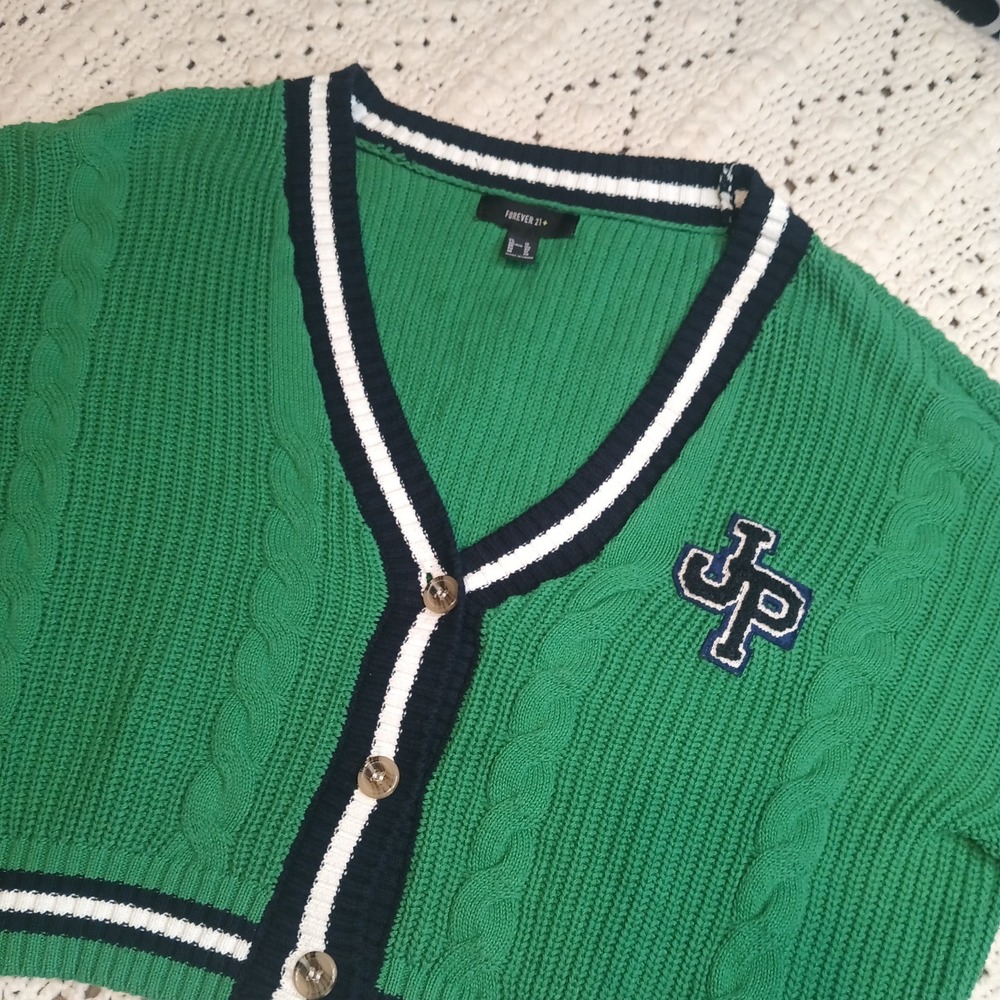 Forever 21 Green Cable Knit 1X Sweater Stripe Academia Varsity‎ Cardigan Prep - Picture 2 of 12